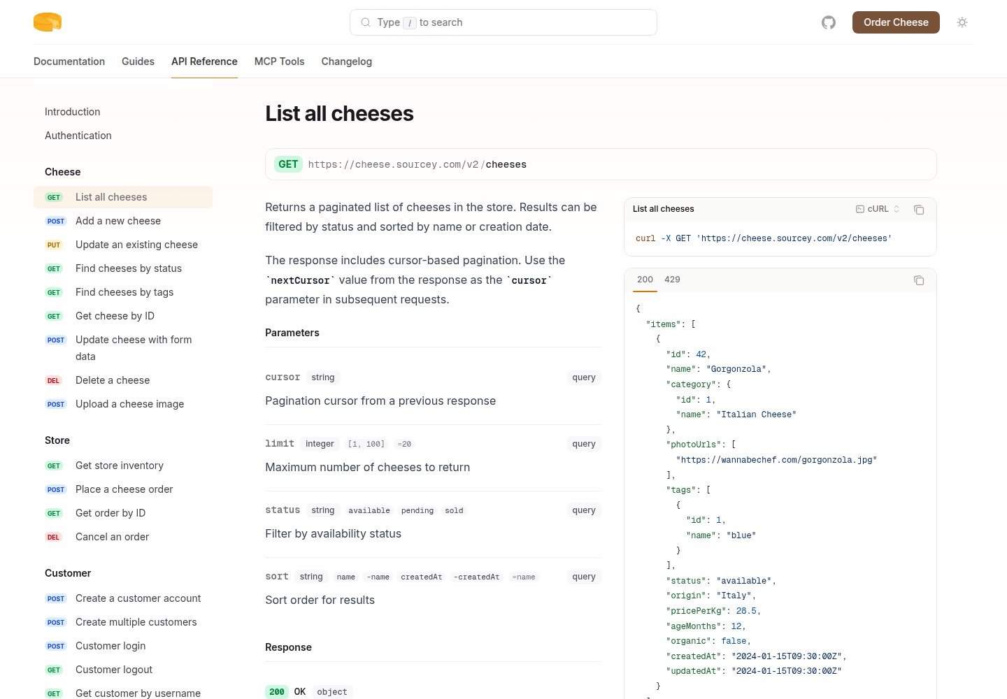 Sourcey demo. Cheese Store API documentation.